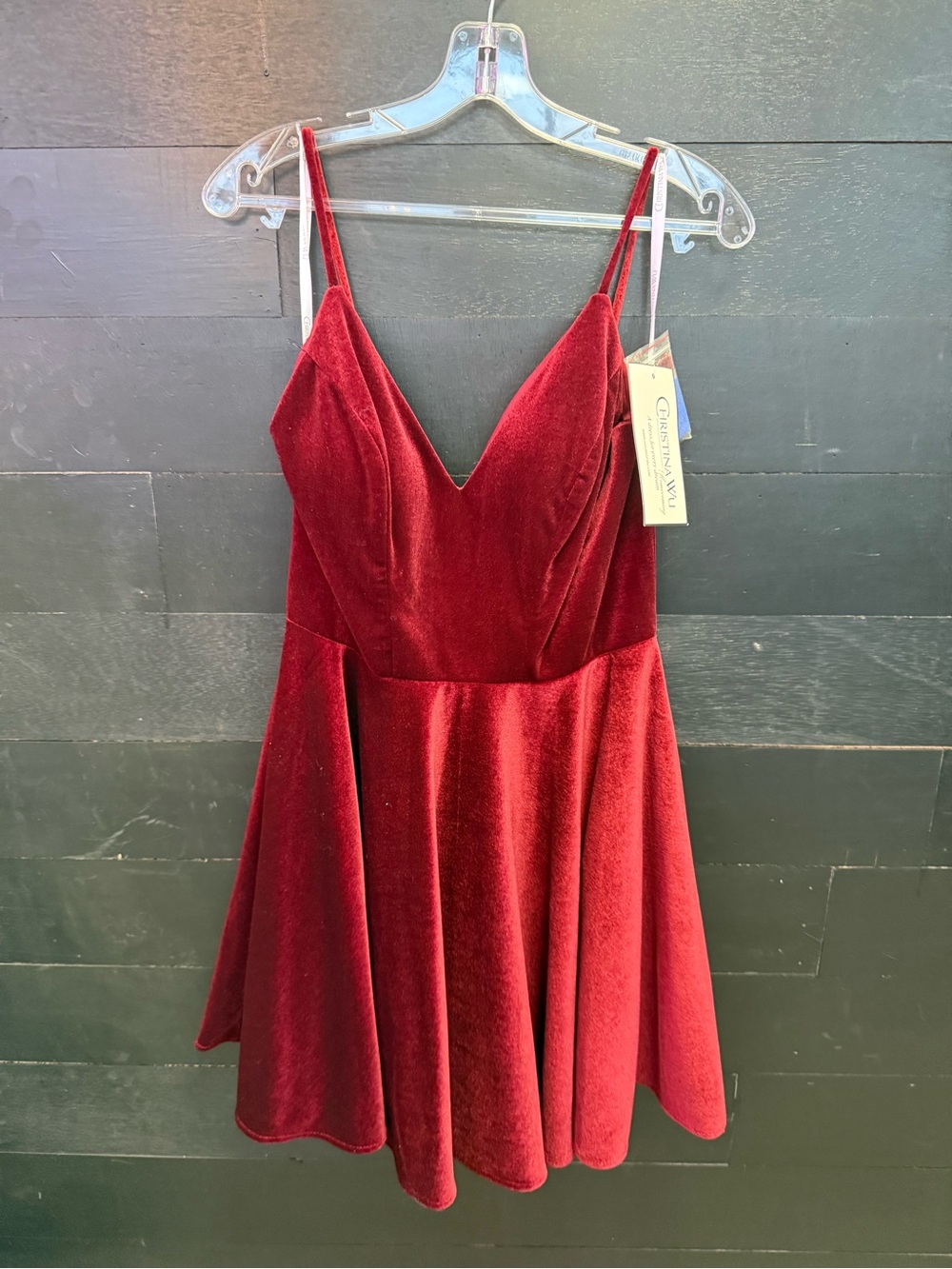 Christina Wu Burgundy Velvet Spaghetti Strap Mini Dress
